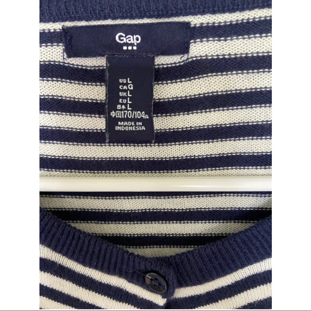 Gap Striped Cardigan Navy Blue White Neon Accent Size L Preppy - Picture 4 of 4